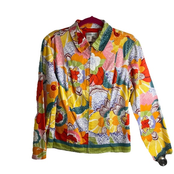 Coldwater Creek Pastel Floral Zip Up Jacket Petite Sz PL Cotton Side Splits - Picture 2 of 11